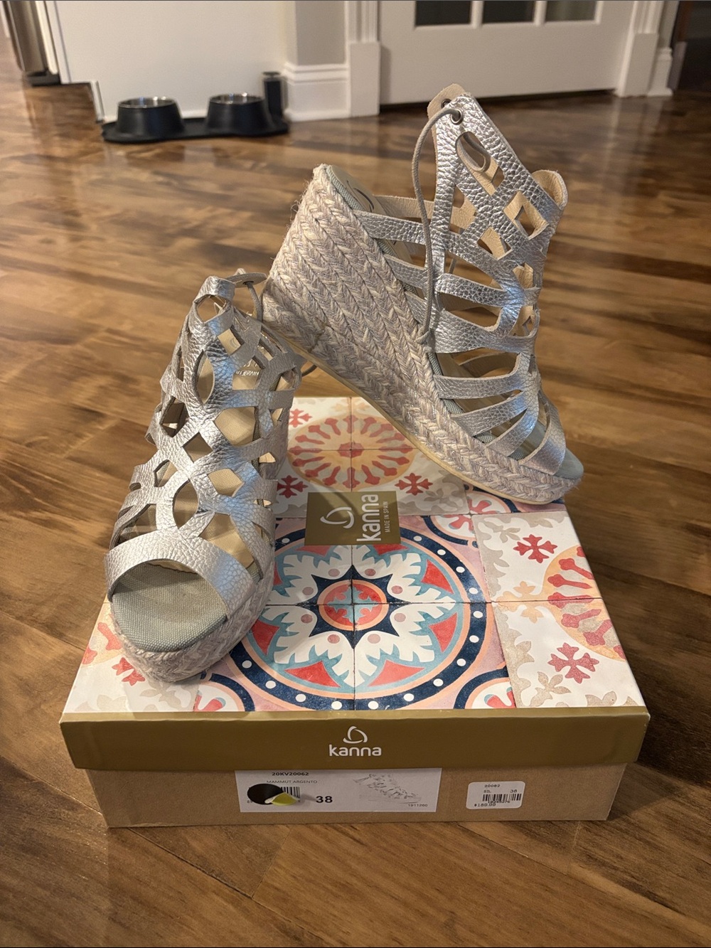 kanna Silver Cutout Espadrille Wedge Sandals